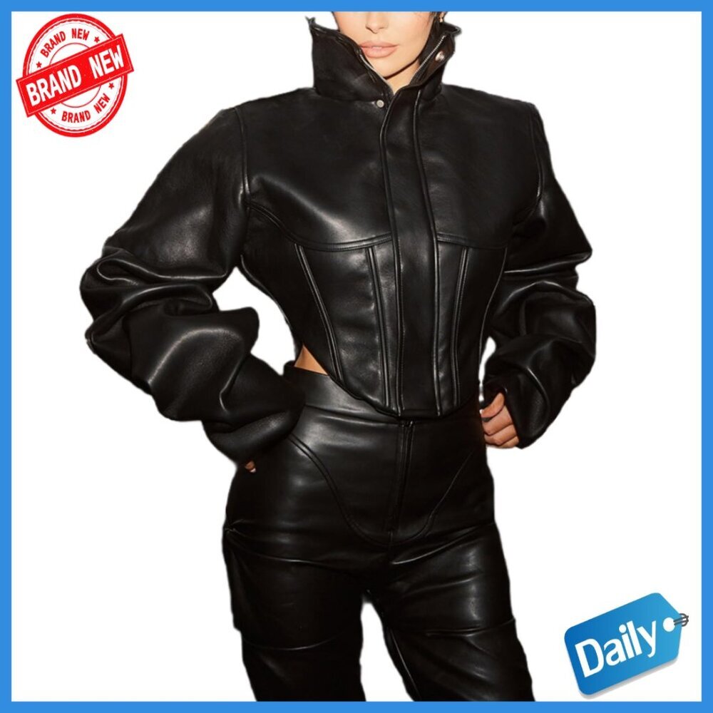 Faux Leather Motorcycle Jacket Crop Bomber Zip Up Long Sleeve Streetwear